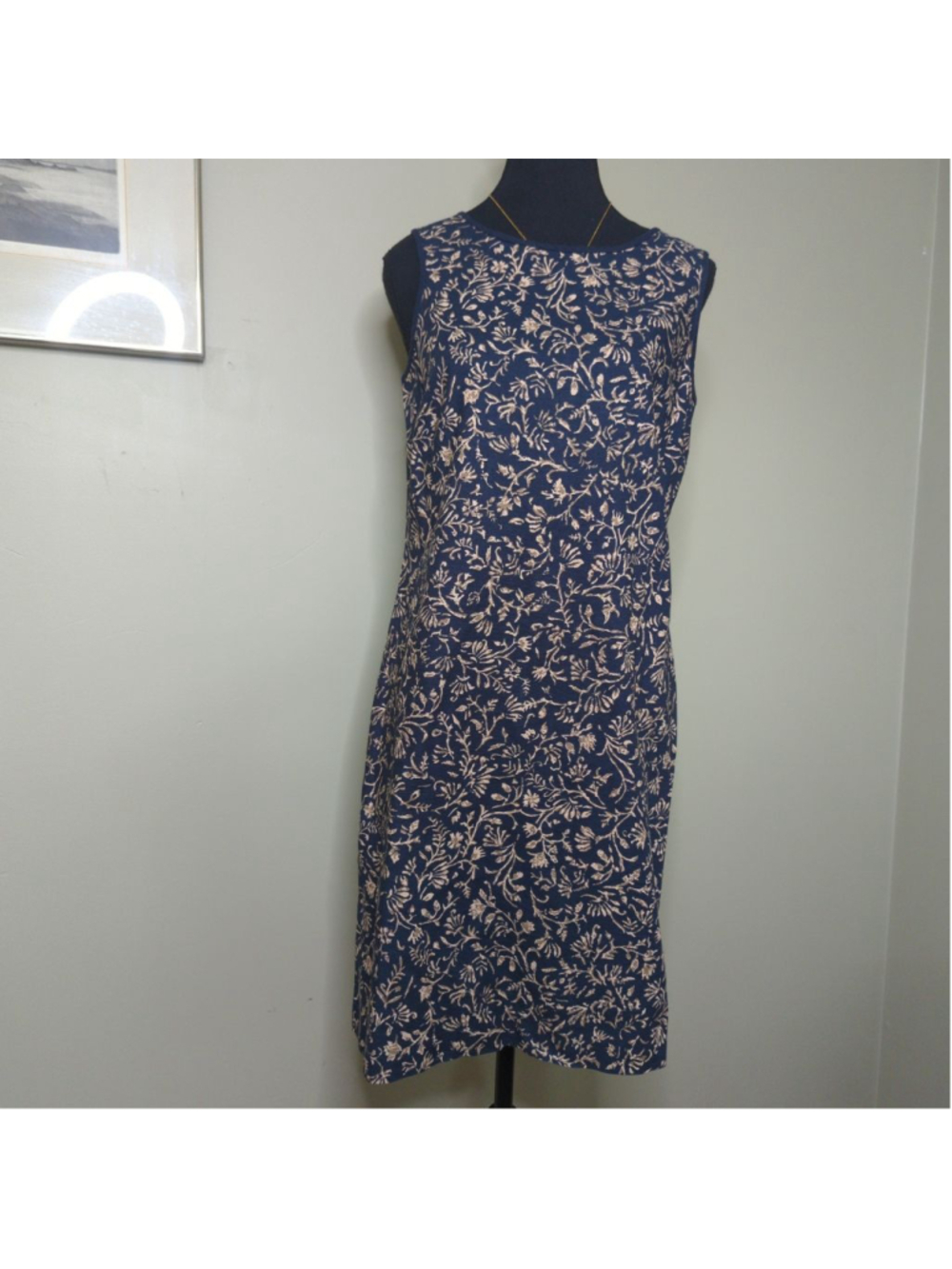 Eddie Bauer Sleeveless Floral Knit Sheath Dress - M -100% Cotton, Navy & Cream